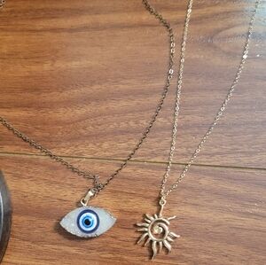 Necklace Bundle- Gold and Blue Evil Eye and Sun Pendant Necklace Set
